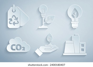Set Plant in hand, Light bulb with leaf, CO2 emissions cloud, Factory,  and Tag recycle icon. Vector
