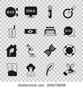 Set Plant in hand, Molecule, Bio healthy food, Test tube flask, Blood test virus, Laboratory glassware or beaker,  and  icon. Vector