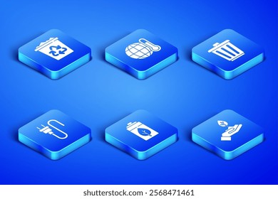 Set Plant in hand, Recycle bin with recycle, Eco nature leaf battery, Electric plug, Global warming and Trash can icon. Vector