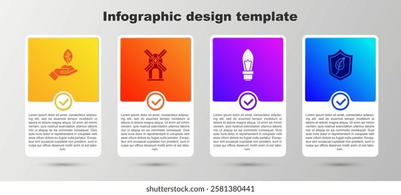 Set Plant in hand, Wind turbine, Light bulb and Shield with leaf. Business infographic template. Vector