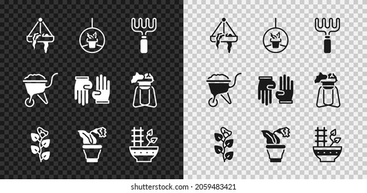 Set Plant in hanging pot, Garden rake, Ivy branch, Flower, Wheelbarrow with dirt and Rubber gloves icon. Vector