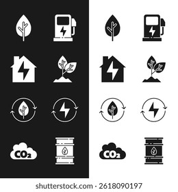 Set Plant, House and lightning, Tree, Electric car charging station, Recycle leaf, Lightning bolt, Bio fuel barrel and CO2 emissions cloud icon. Vector
