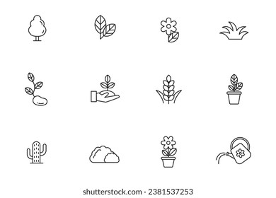 Set of plant icons in line style on white background. Plants vector illustration
