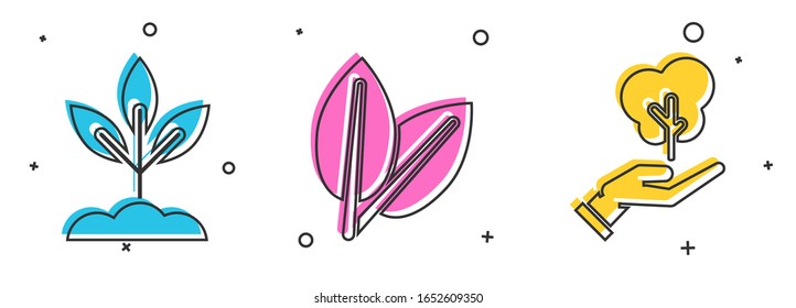 Legen Sie Pflanzen, Blätter und Baum in Hand mit dem Symbol für den Umweltschutz. Vektorillustration