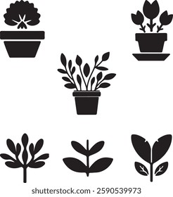 Set of plant and leaves flat vector silhouette icons. Perfect for nature, eco-friendly, botanical, and decorative designs.