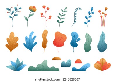 Set of plant leaves and flowers isolated on white background. Floral decorative elements for natural grainy style. Hand drawn flat icon, vector design with grain textured.