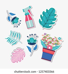 set plant leaves and flowers with watering bottle