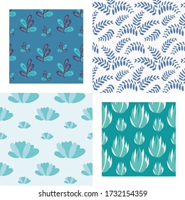 Set of plant patterns. Fern and succulents in scandinavian style. Unique hand drawn background. Modern vector illustration.