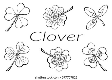 Set of Plant Pictograms, Clover Leaves, Black on White. Vector