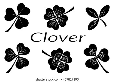 Set of Plant Pictograms, Clover Leaves, Black on White. Vector