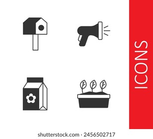 Set Plant in pot, Bird house, Pack full of seeds and Garden hose icon. Vector