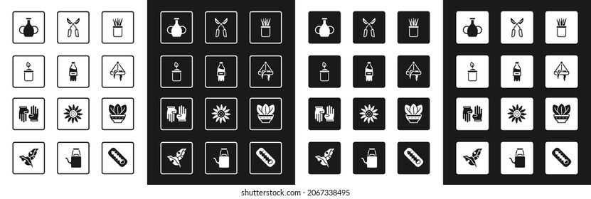 Set Plant in pot, Bottle of water, Sprout bottle, Vase, hanging, Gardening handmade scissors,  and Rubber gloves icon. Vector