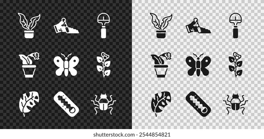 Set Plant in pot, Broken, Shovel, Tropical leaves, Meteorology thermometer, Beetle bug, Flower and Butterfly icon. Vector - Powered by Shutterstock - Get 15% off with code: PIKWIZARD15