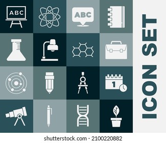 Set Plant in pot, Calendar first september date, Briefcase, Alphabet, Table lamp, Test tube and flask, Chalkboard and Chemical formula icon. Vector