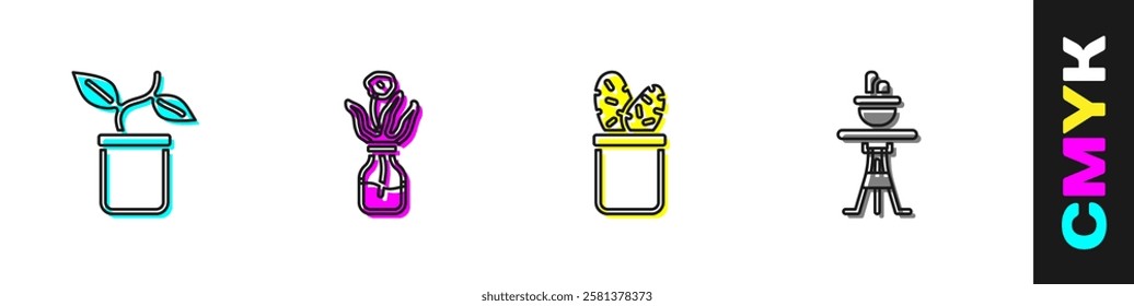 Set Plant in pot, Flower glass bottle, Cactus peyote and on table icon. Vector