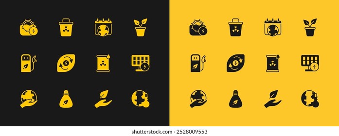 Set Plant in pot, Garbage bag, Radioactive waste barrel, Leaf hand, Water energy, World Earth day, mill and Infectious icon. Vector