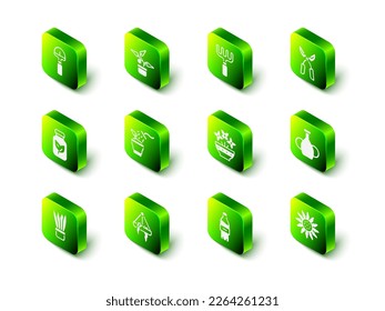 Set Plant in pot, Garden rake, Gardening handmade scissors, Vase, Flower, vase, Bottle of water and hanging icon. Vector