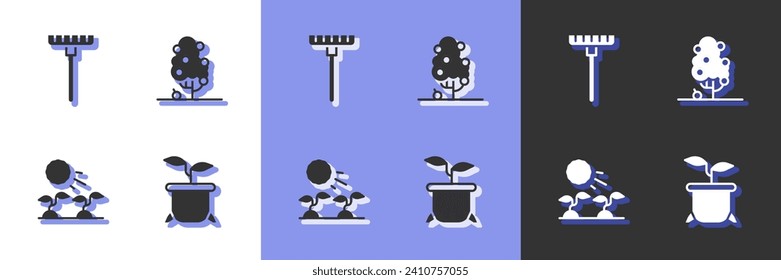 Set Plant in pot, Garden rake, sprouts grow the sun and Fruit tree icon. Vector