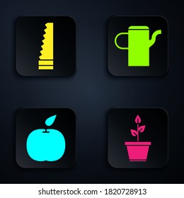 Set Plant in pot, Garden saw, Apple and Watering can. Black square button. Vector