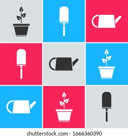 Set Plant in pot, Garden trowel spade or shovel and Watering can icon. Vector