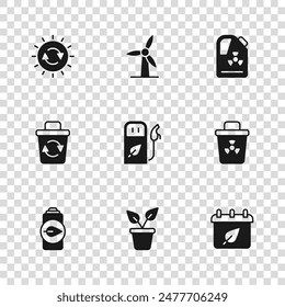 Set Plant in pot, Infectious waste, Calendar with autumn leaves, Petrol or gas station, Radioactive barrel, Solar energy panel, Wind turbine and Recycle icon. Vector