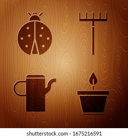 Set Plant in pot, Ladybug, Watering can and Garden rake on wooden background. Vector