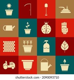 Set Plant in pot, Leaf, Garden gloves, Shovel, Watering can, Flower and Ladybug icon. Vector
