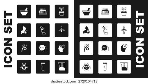 Set Pflanze in Topf, Mikroskop, Magendarmbrennen, Mörtel und Stößel, Windturbine, Teströhrenkolben, Menschlicher Kopf mit Blatt innen und Blatt Blätter Symbol. Vektorgrafik