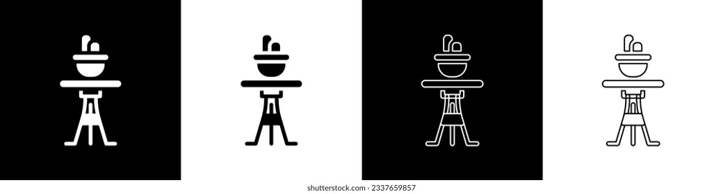Coloque la planta en la olla sobre el icono de la mesa aislado en el fondo blanco y negro. Planta creciendo en una olla. Cartel de la planta putrefacta.  Vector