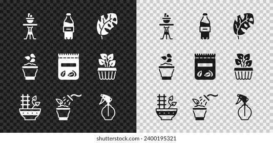 Set Plant in pot on table, Bottle of water, Tropical leaves, Spraying plant, Water spray bottle, Seeds bowl and Pack full seeds icon. Vector