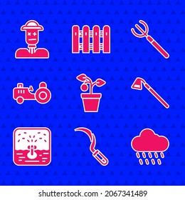 Set Plant in pot, Sickle, Cloud with rain, Garden hoe, Automatic irrigation sprinklers, Tractor, pitchfork and Scarecrow icon. Vector
