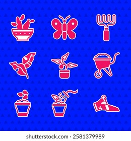 Set Plant in pot, Spraying plant, Broken, Wheelbarrow with dirt, Seeds bowl, Tropical leaves, Garden rake and Cactus peyote icon. Vector