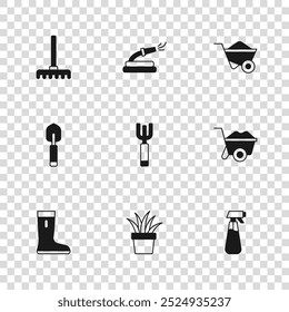 Set Plant in pot, Wheelbarrow, Garden sprayer for water, pitchfork, rake, hose and trowel spade shovel icon. Vector