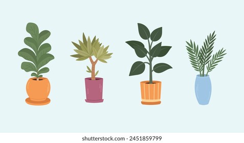 Set of plant potted for decoration house. Flat cartoon style vector illustration isolated on color background