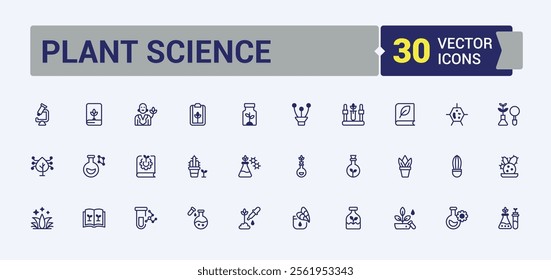 Set of Plant Science line icons. Contains related to summer, chemistry, organic, physics, grow, botany and more. Outline icon. Solid line editable stroke. Vector line and solid icons.