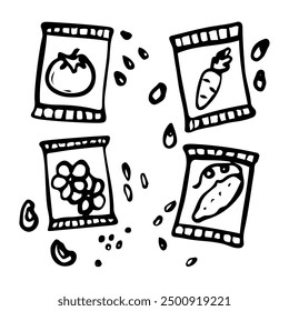 Set of plant seed packets hand drawn in doodle style. Packaging with vegetable and flower seeds for germination in the garden and at home. Vector line art illustration.