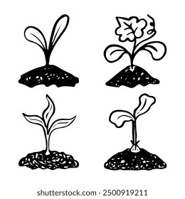 Set of plant seedlings hand drawn in doodle style. Hobby gardening. Planting sprouts of vegetables and flowers in the ground. Vector line art illustration.
