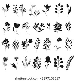 Set of plant silhouettes. Flat drawings on botanical theme. Minimalism in the depiction of flora. Flowers and branches for your design.