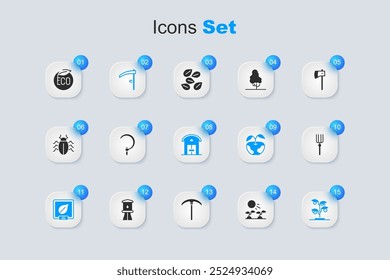 Set Plant sprouts grow in the sun, Sickle, Scythe, Seeds of specific plant, Sprout, Garden pitchfork, Eco healthy food and Farm house icon. Vector