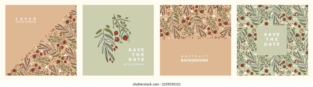 Set of plant square templates. Collection of covers with sprigs of olives and sprigs of berries. Suitable for publications on social networks, mobile applications, postcards, invitations, advertising 