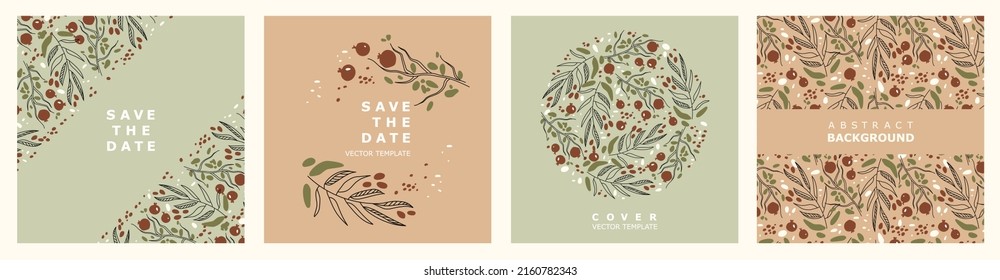 Set of plant square templates. Collection of covers with sprigs of olives and sprigs of berries. Suitable for publications on social networks, mobile applications, postcards, invitations, advertising 