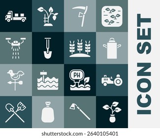 Set Plant, Tractor, Can container for milk, Scythe, Shovel, Smart farm with drone, Pickup truck and Wheat icon. Vector