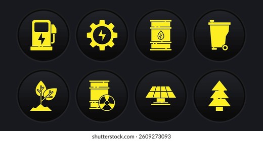 Set Plant, Trash can, Radioactive waste in barrel, Solar energy panel, Bio fuel, Gear and lightning, Christmas tree and Electric car charging station icon. Vector
