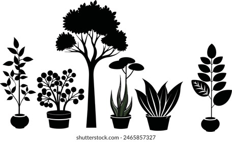 Set of plant and tree silhouette black