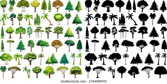Set of plant and tree with its silhouette illustration