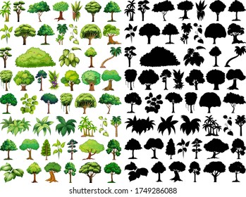Set of plant and tree with its silhouette illustration