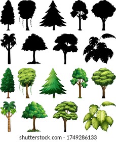 Set of plant and tree with its silhouette illustration