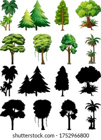 Set of plant and tree with its silhouette illustration