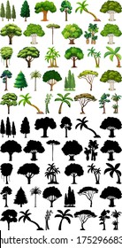 Set of plant and tree with its silhouette illustration