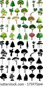 Set of plant and tree with its silhouette illustration